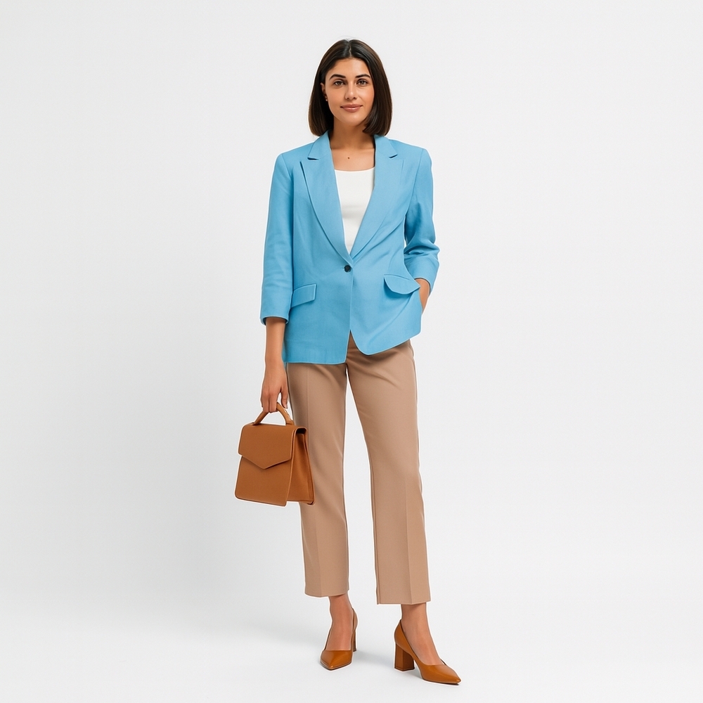 Talbots Petite Linen Organic Office Preppy City Formal Sky Blue Blazer Women's
